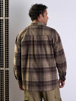 Beige & Brown Check Raw Edge Hem Oversize Shirt-MASCLN SASSAFRAS