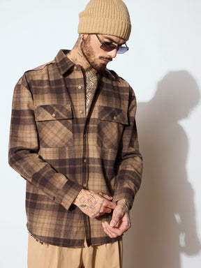 Beige & Brown Check Raw Edge Hem Oversize Shirt-MASCLN SASSAFRAS