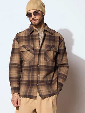 Beige & Brown Check Raw Edge Hem Oversize Shirt-MASCLN SASSAFRAS