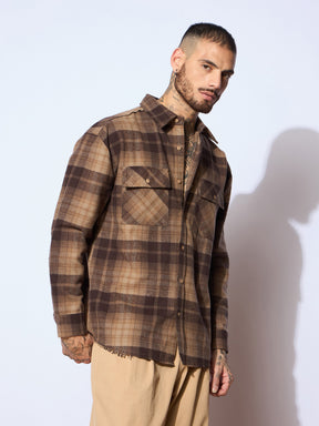 Beige & Brown Check Raw Edge Hem Oversize Shirt-MASCLN SASSAFRAS