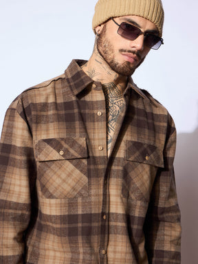 Beige & Brown Check Raw Edge Hem Oversize Shirt-MASCLN SASSAFRAS