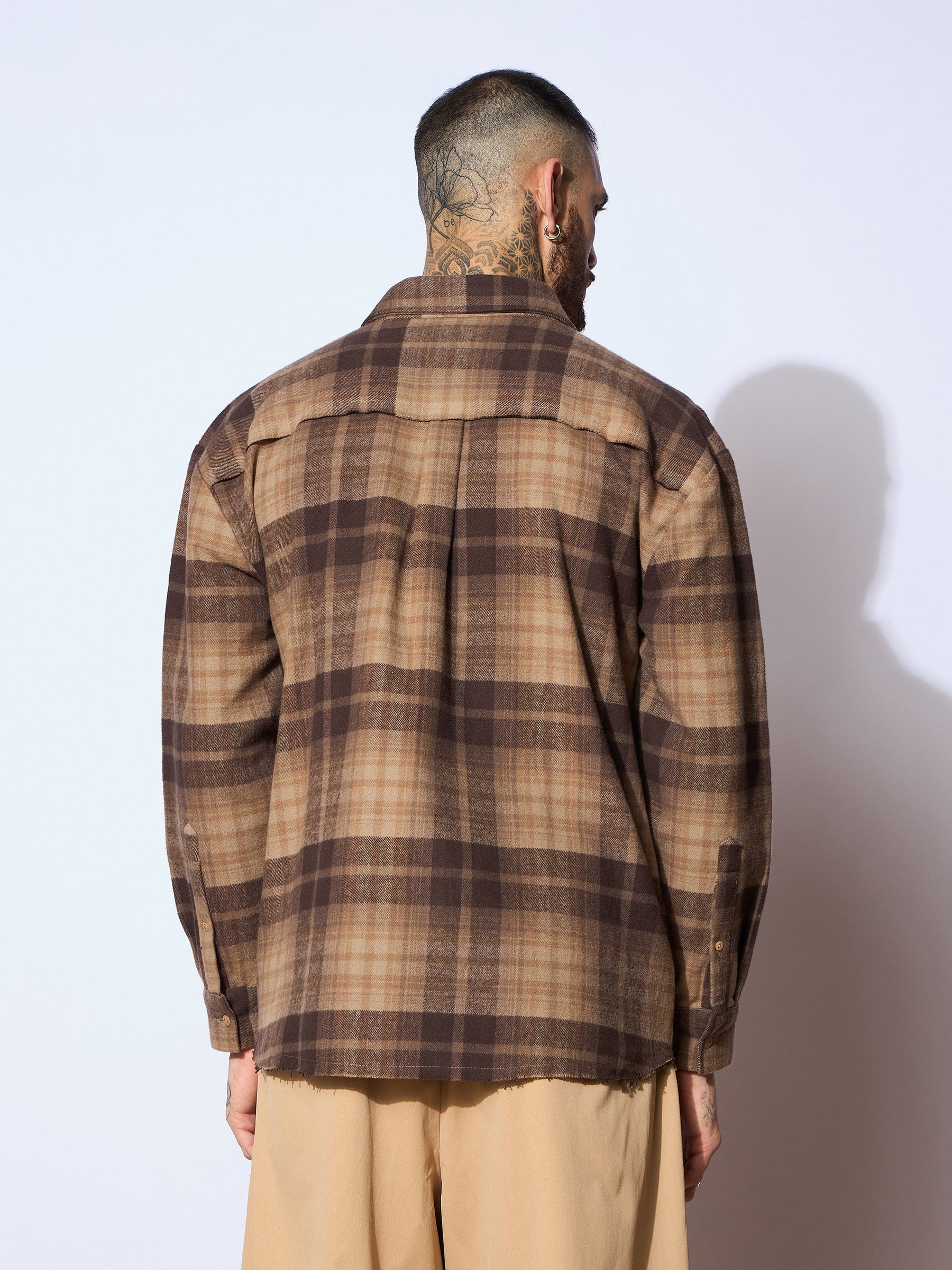 Beige & Brown Check Raw Edge Hem Oversize Shirt-MASCLN SASSAFRAS