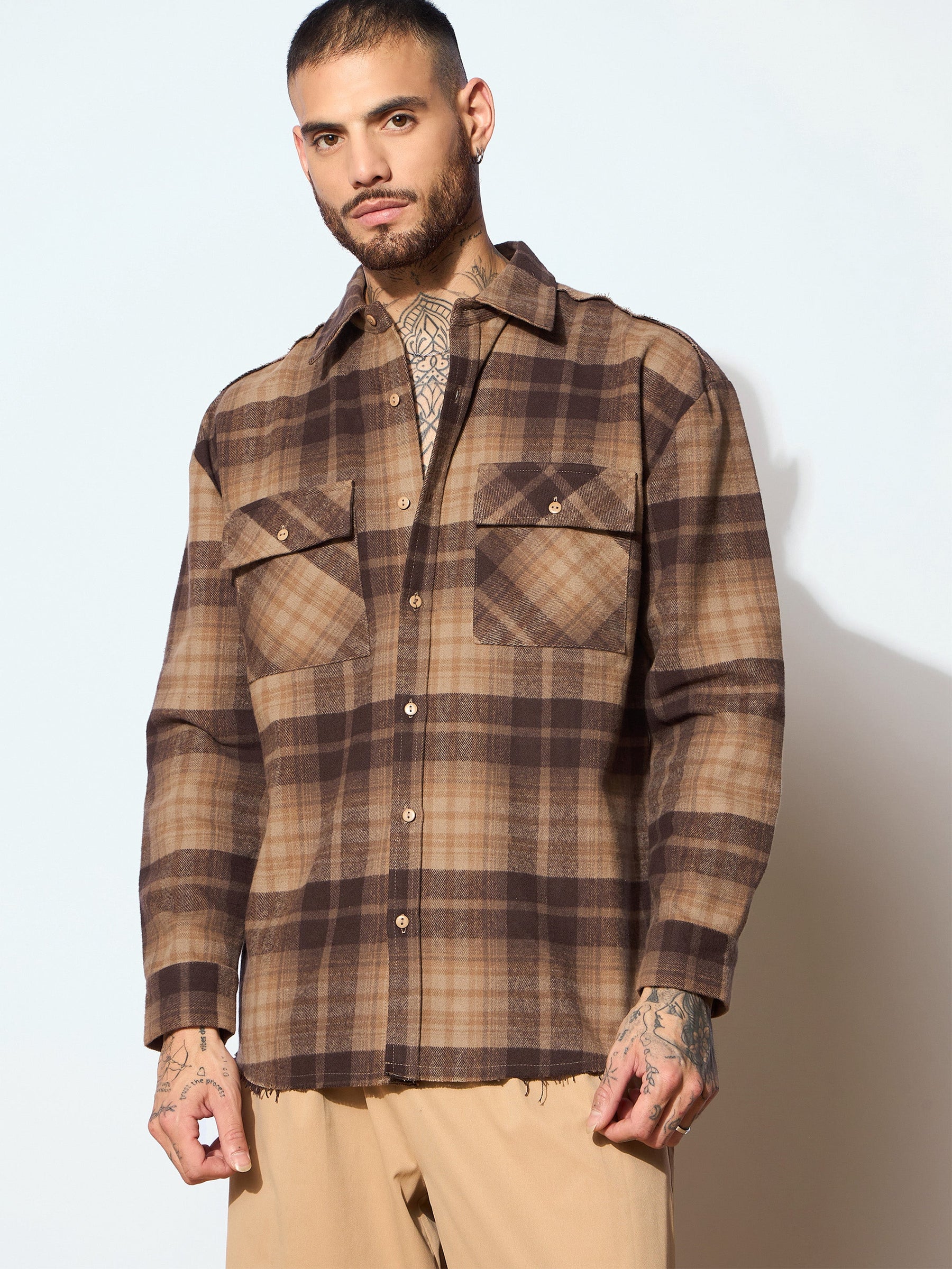 Beige & Brown Check Raw Edge Hem Oversize Shirt-MASCLN SASSAFRAS