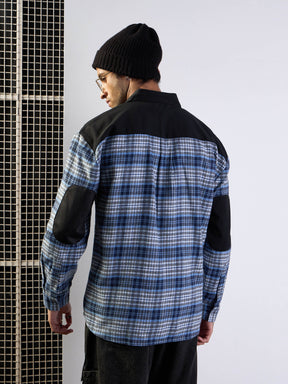 Grey & Blue Elbow Patch Oversize Check Shirt-MASCLN SASSAFRAS