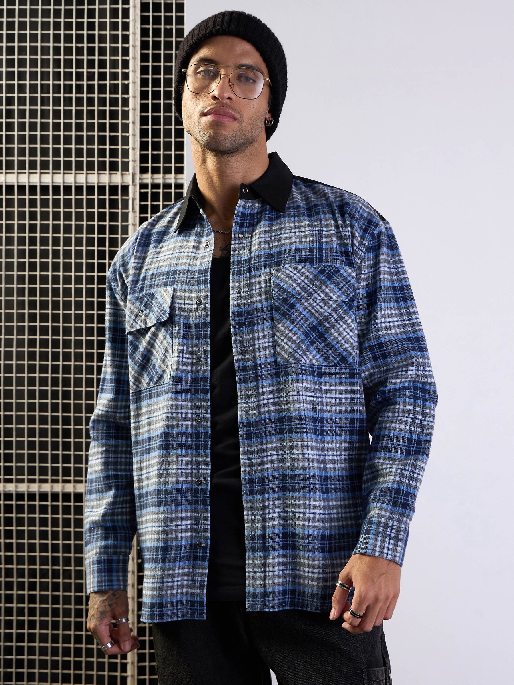 Grey & Blue Elbow Patch Oversize Check Shirt-MASCLN SASSAFRAS