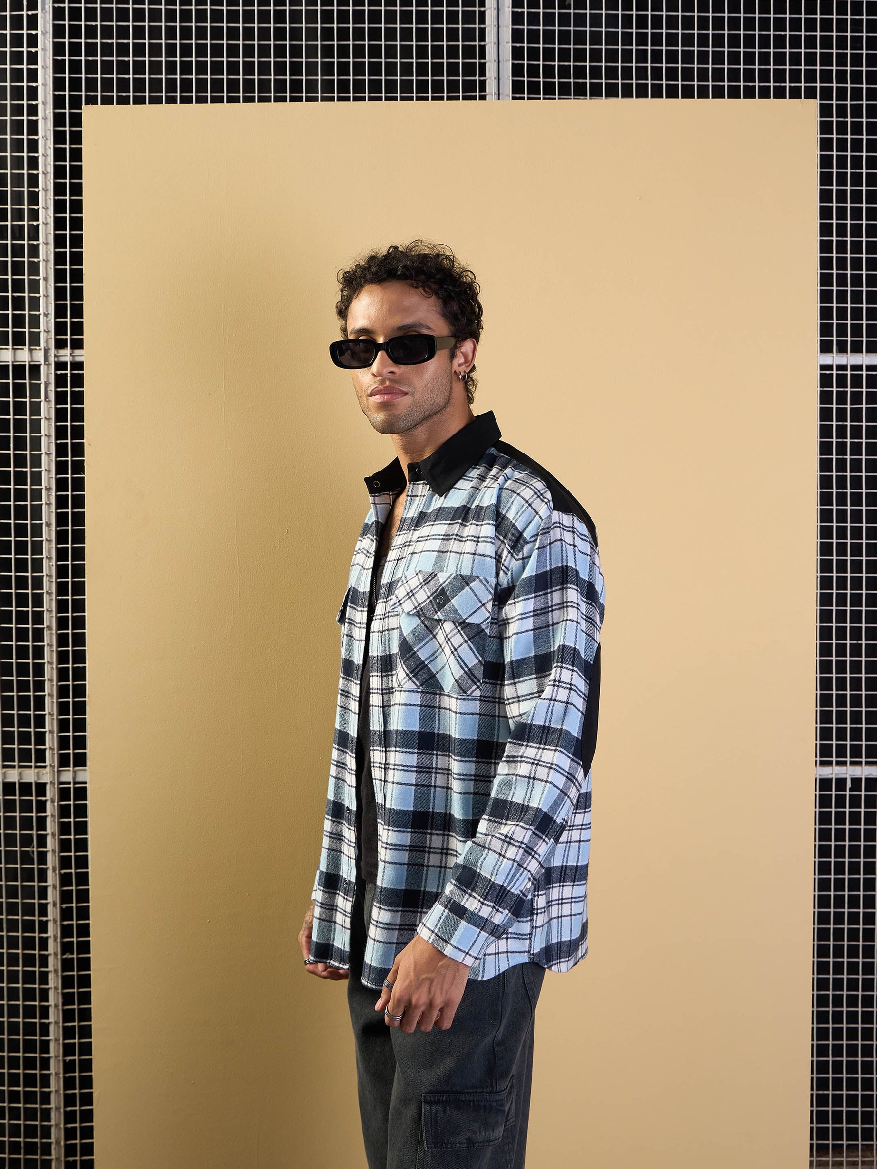 Blue & Navy Elbow Patch Oversize Check Shirt-MASCLN SASSAFRAS