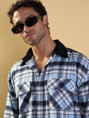 Blue & Navy Elbow Patch Oversize Check Shirt-MASCLN SASSAFRAS