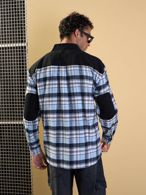 Blue & Navy Elbow Patch Oversize Check Shirt-MASCLN SASSAFRAS