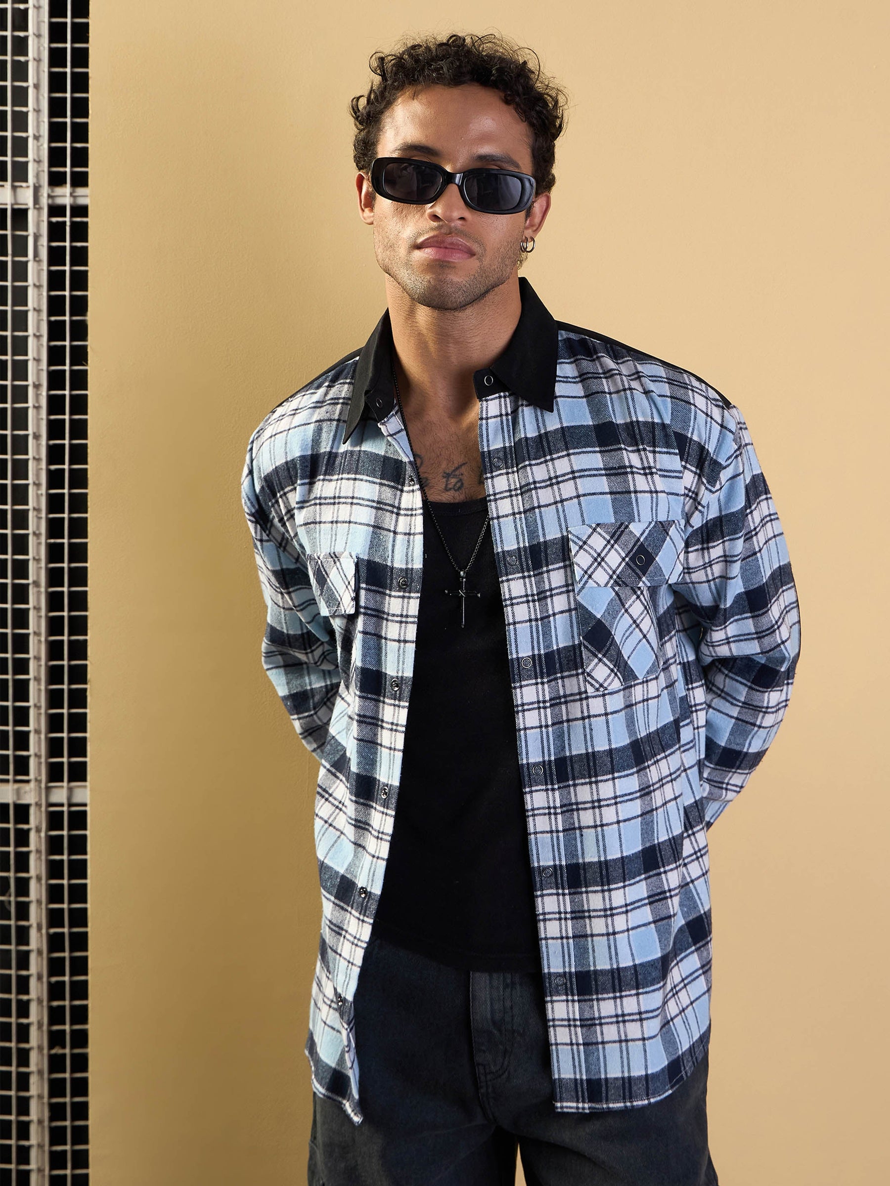 Blue & Navy Elbow Patch Oversize Check Shirt-MASCLN SASSAFRAS