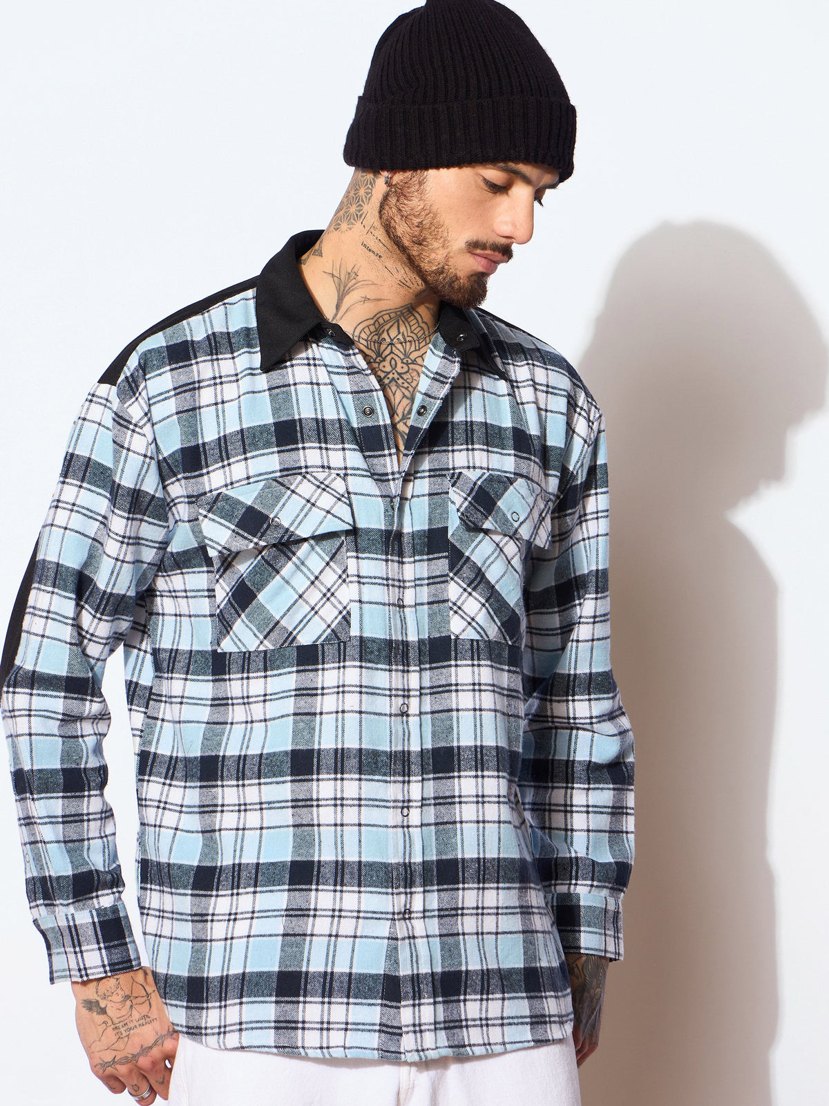 Blue & Navy Elbow Patch Oversize Check Shirt-MASCLN SASSAFRAS