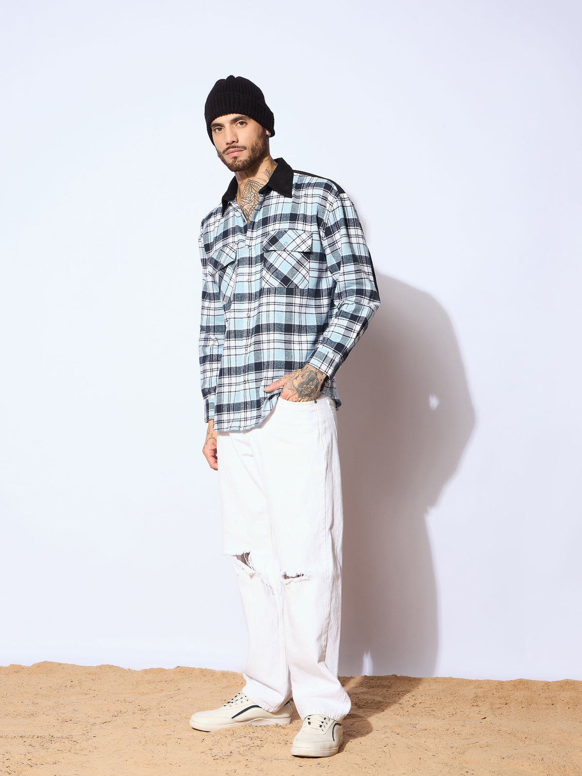 Blue & Navy Elbow Patch Oversize Check Shirt-MASCLN SASSAFRAS