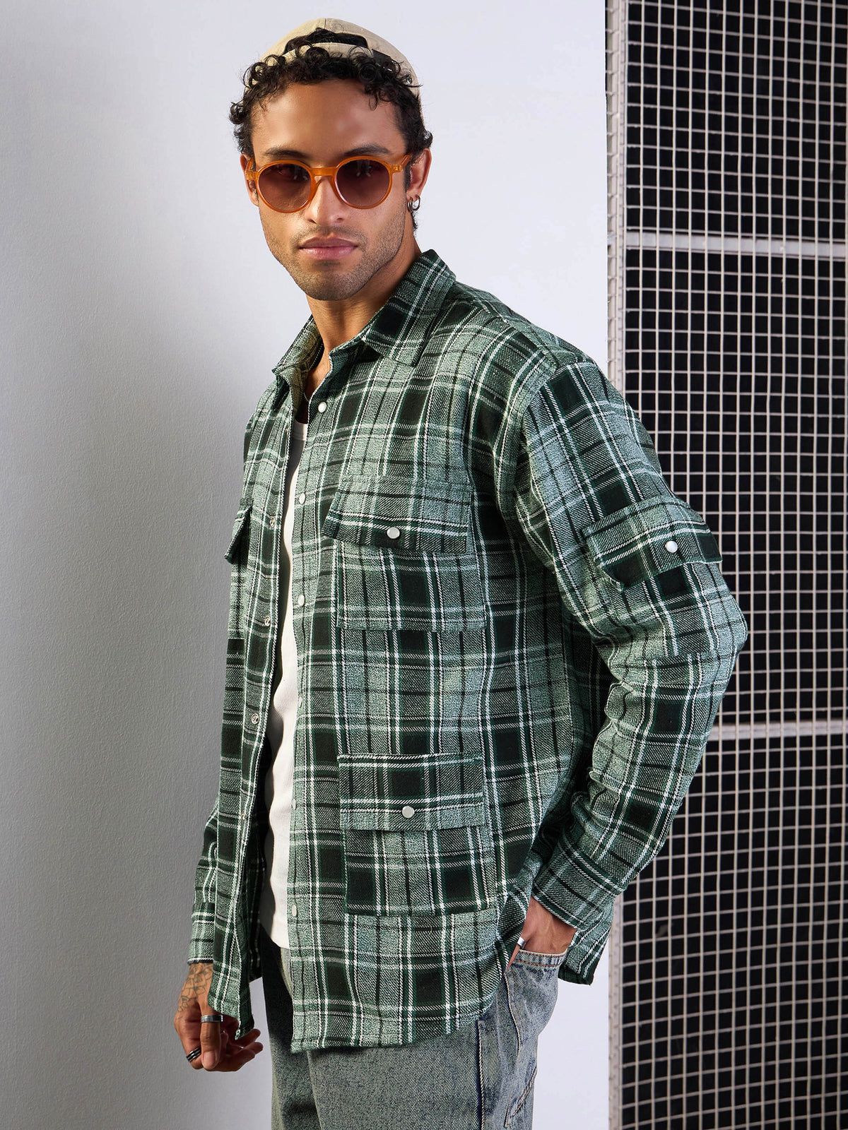 Green Check Utility Pocket Oversize Shirt-MASCLN SASSAFRAS