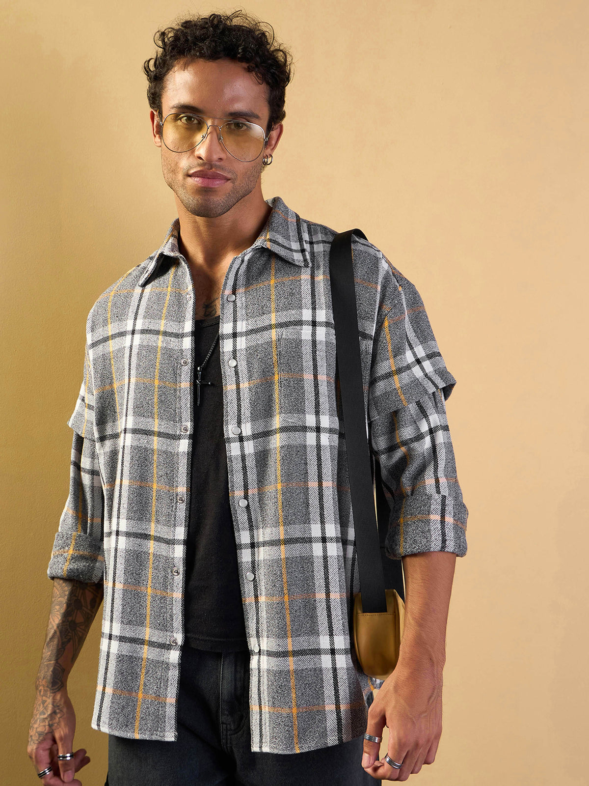 Grey & White Check Overlap Sleeves Oversize Shirt -MASCLN SASSAFRAS