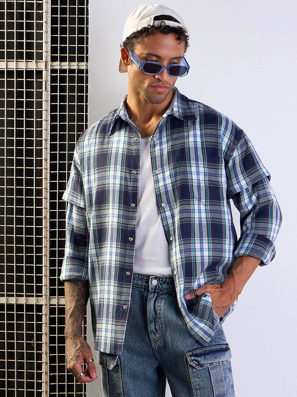 Blue & White Check Overlap Sleeves Oversize Shirt-MASCLN SASSAFRAS