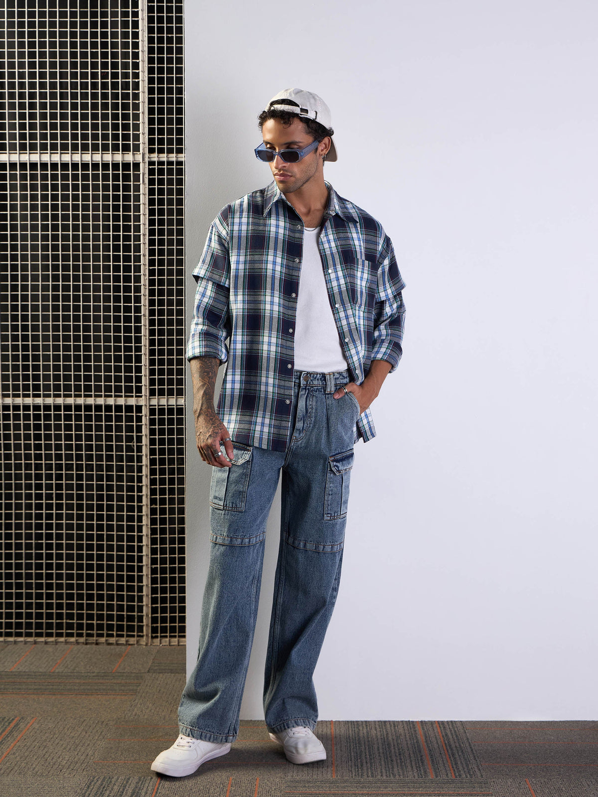 Blue & White Check Overlap Sleeves Oversize Shirt-MASCLN SASSAFRAS