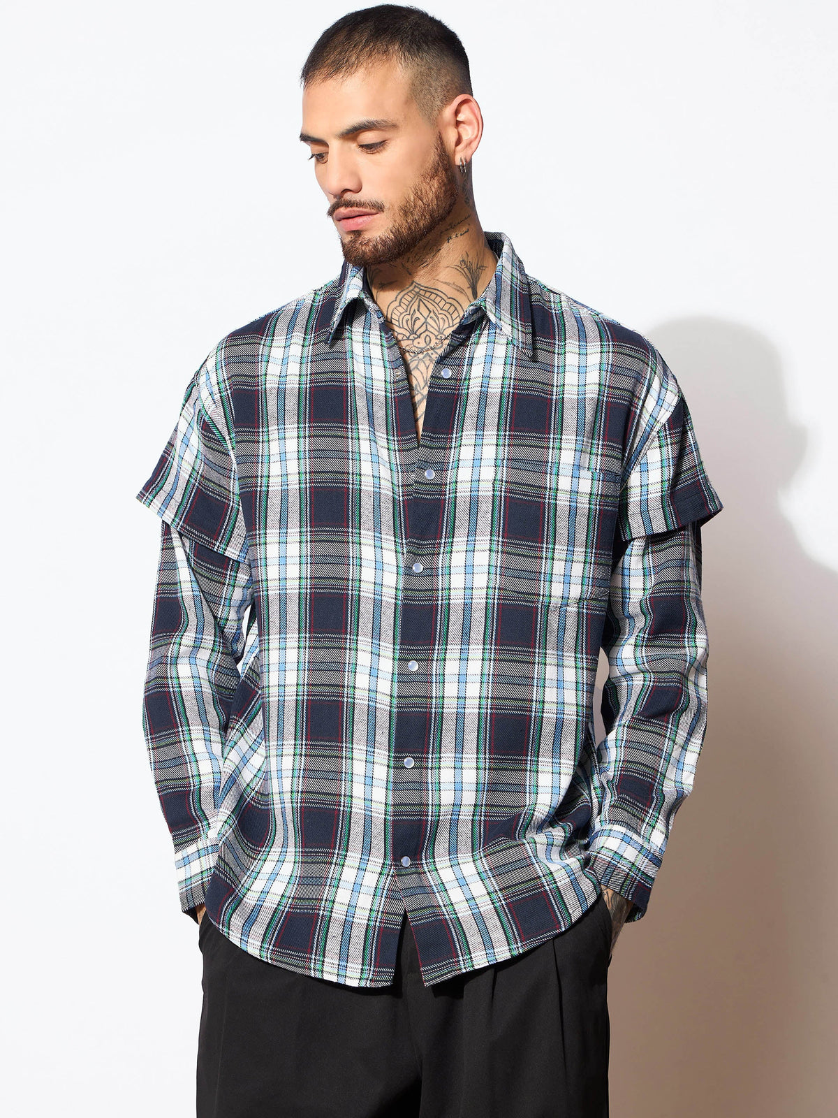 Blue & White Check Overlap Sleeves Oversize Shirt-MASCLN SASSAFRAS