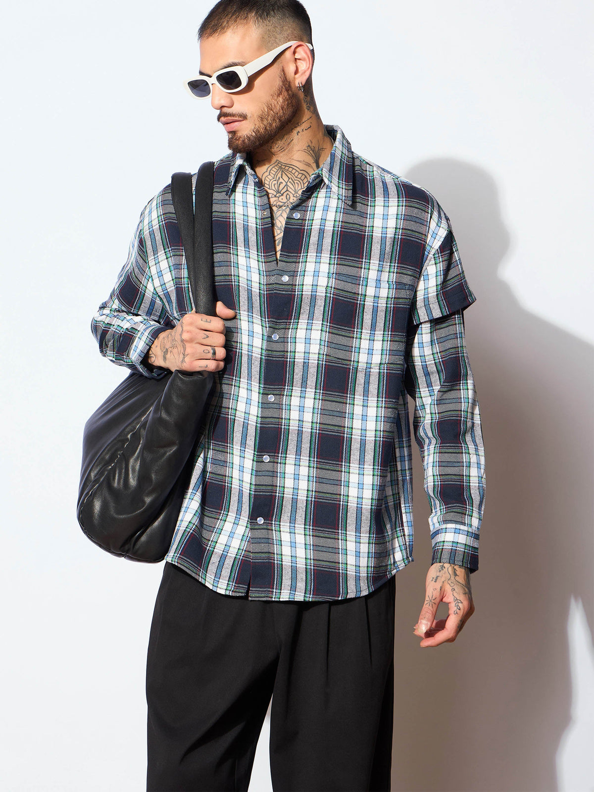 Blue & White Check Overlap Sleeves Oversize Shirt-MASCLN SASSAFRAS