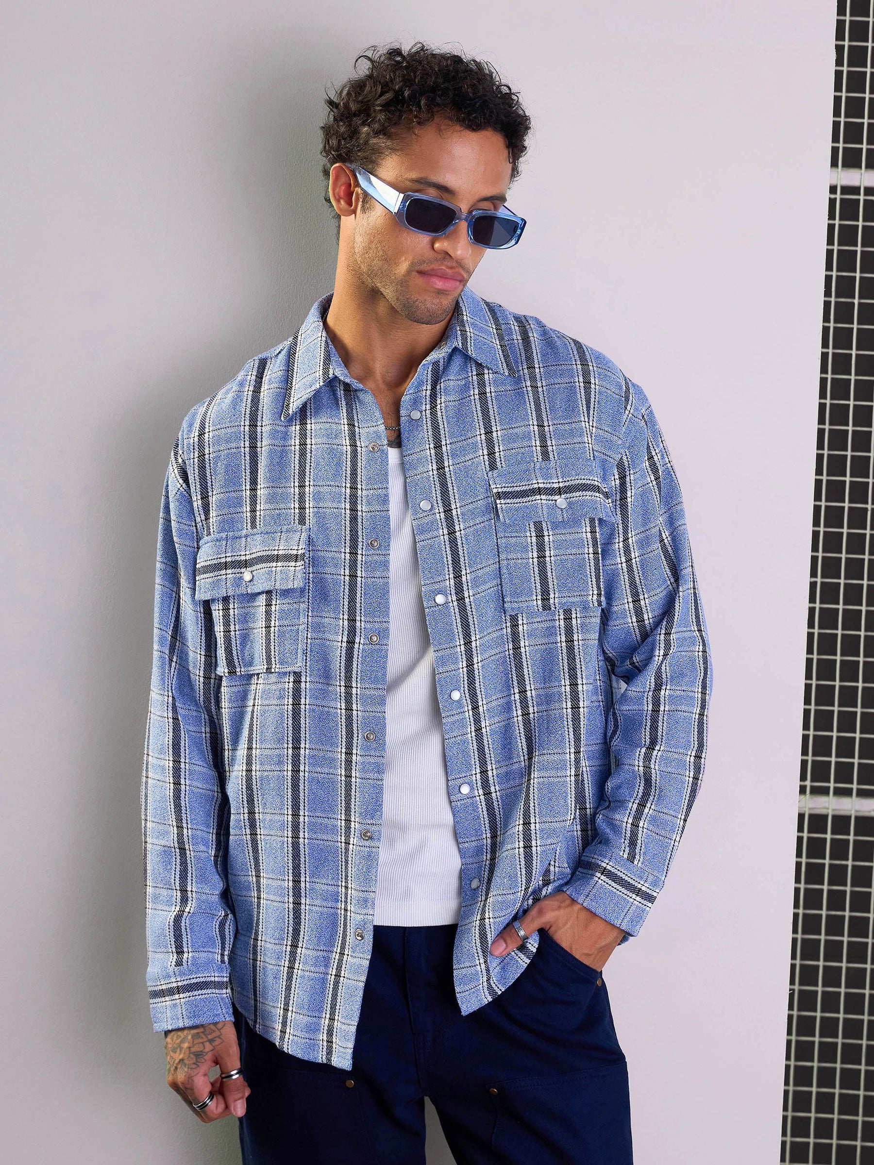 Blue & White Check Flap Pocket Oversize Shirt-MASCLN SASSAFRAS