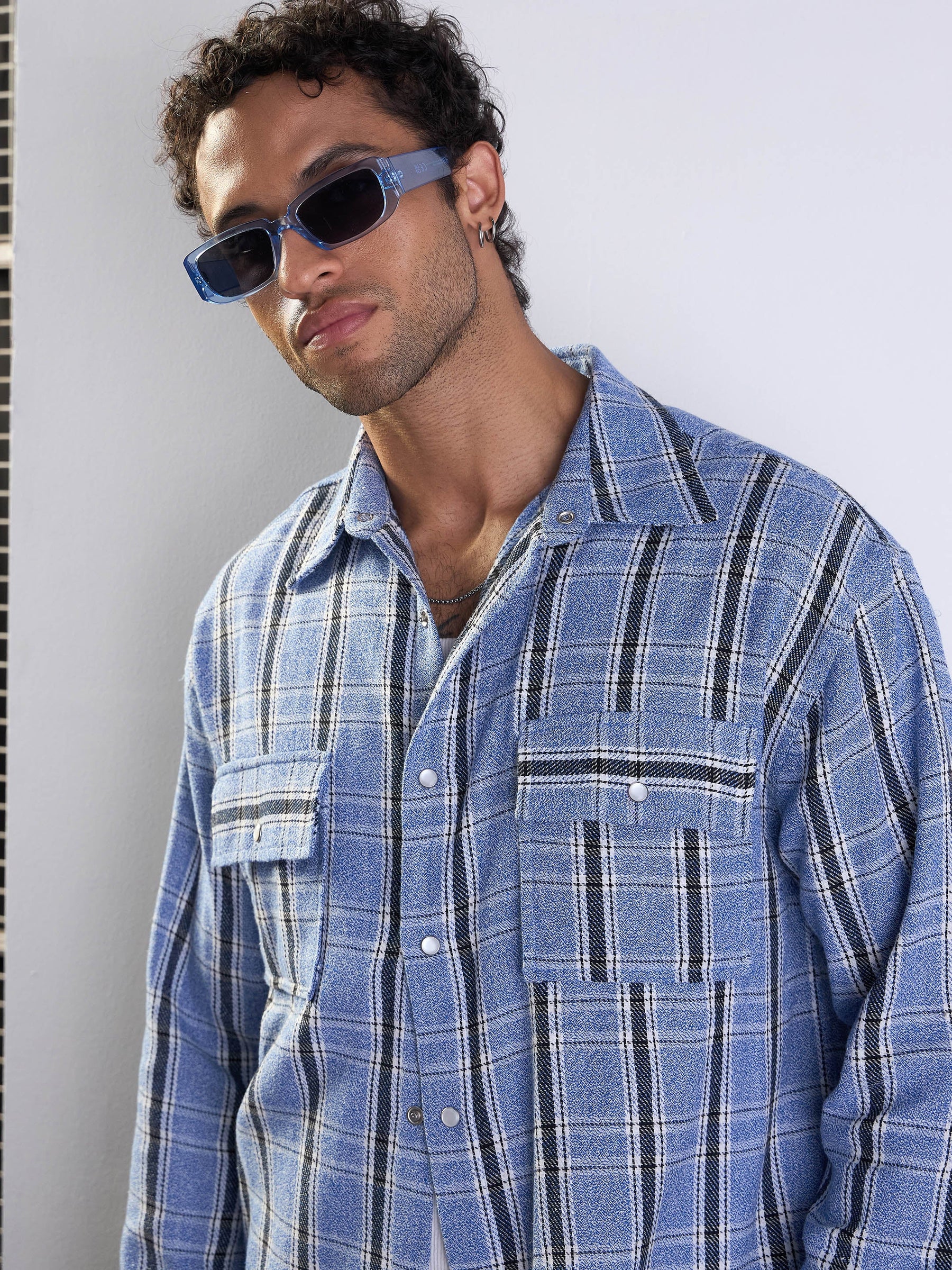 Blue & White Check Flap Pocket Oversize Shirt-MASCLN SASSAFRAS