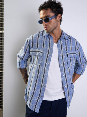 Blue & White Check Flap Pocket Oversize Shirt-MASCLN SASSAFRAS