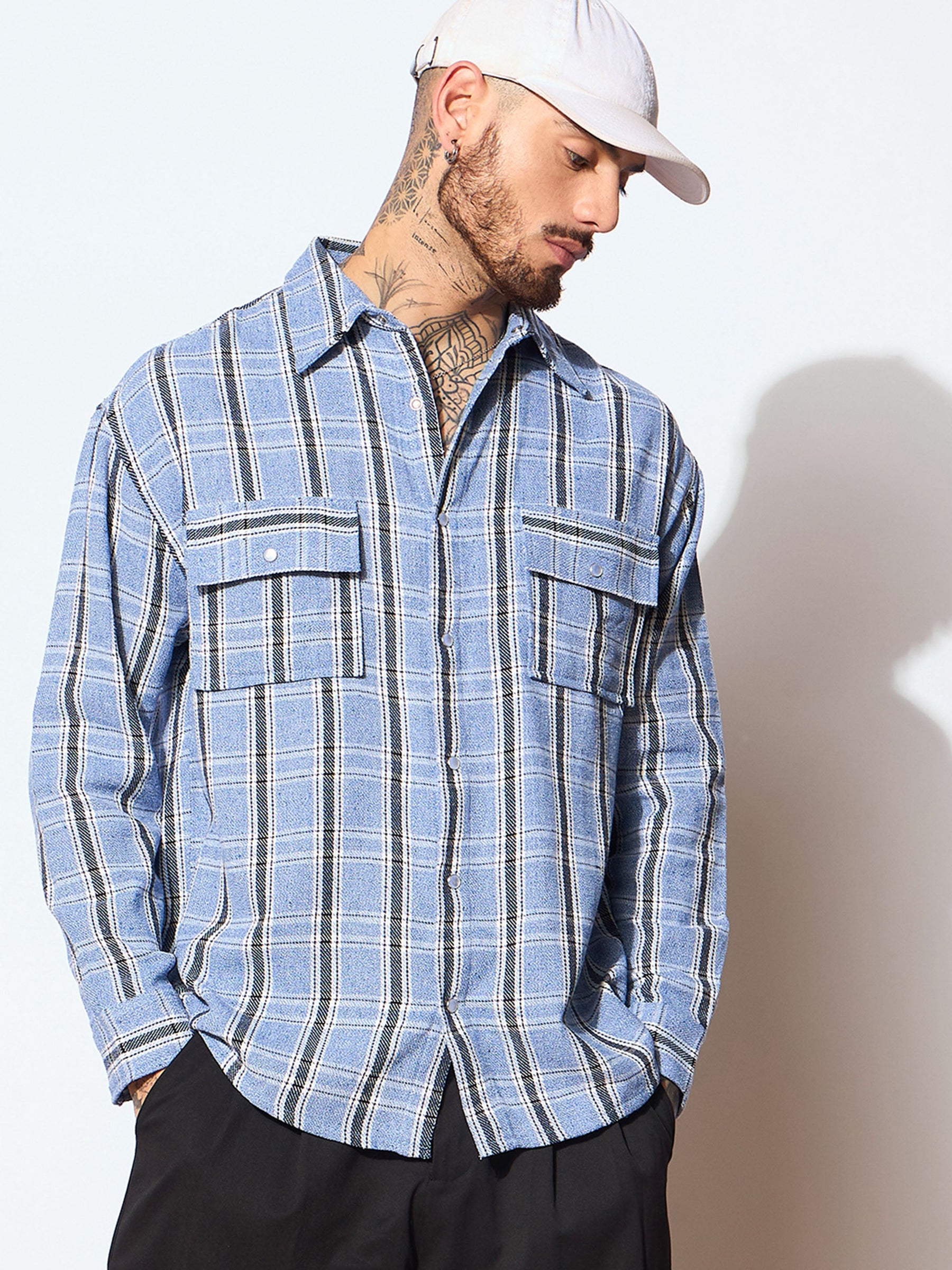 Blue & White Check Flap Pocket Oversize Shirt-MASCLN SASSAFRAS