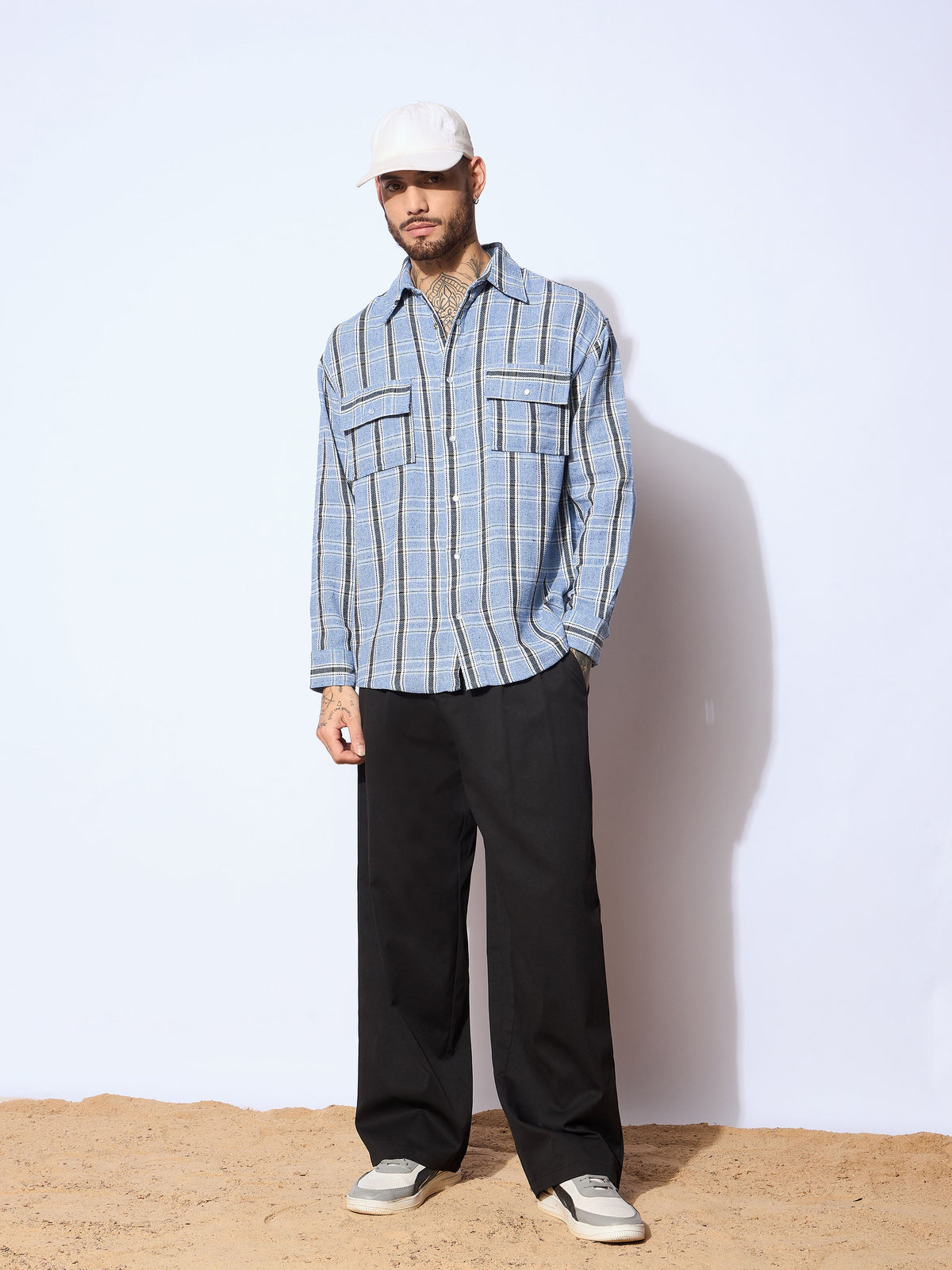 Blue & White Check Flap Pocket Oversize Shirt-MASCLN SASSAFRAS