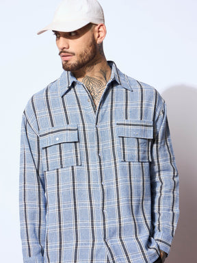 Blue & White Check Flap Pocket Oversize Shirt-MASCLN SASSAFRAS