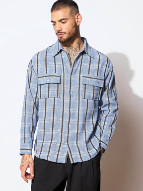 Blue & White Check Flap Pocket Oversize Shirt-MASCLN SASSAFRAS