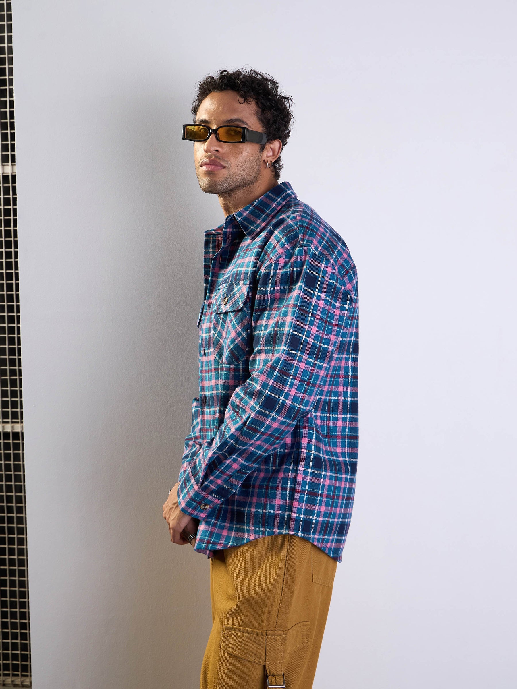 Blue & Pink Check Flap Pocket Oversize Shirt-MASCLN SASSAFRAS