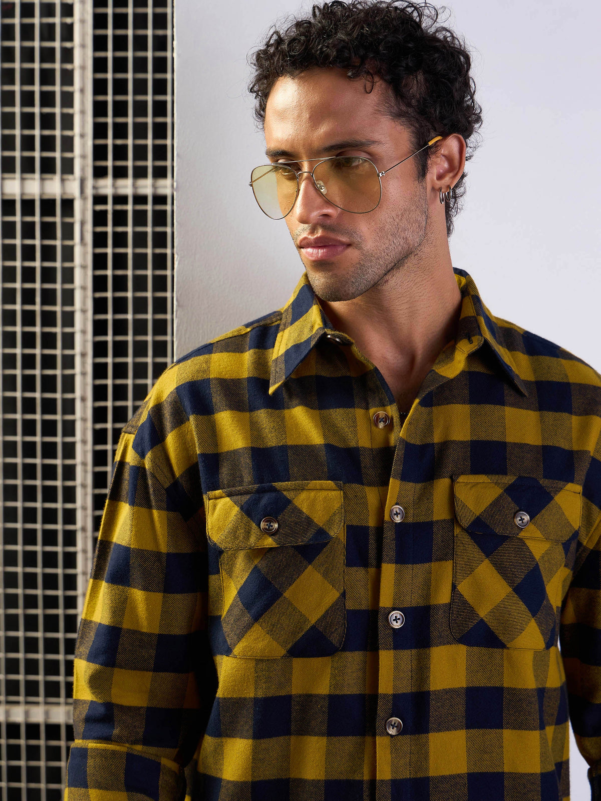 Mustard & Navy Check Flap Pocket Oversize Shirt-MASCLN SASSAFRAS