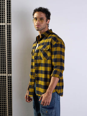 Mustard & Navy Check Flap Pocket Oversize Shirt-MASCLN SASSAFRAS