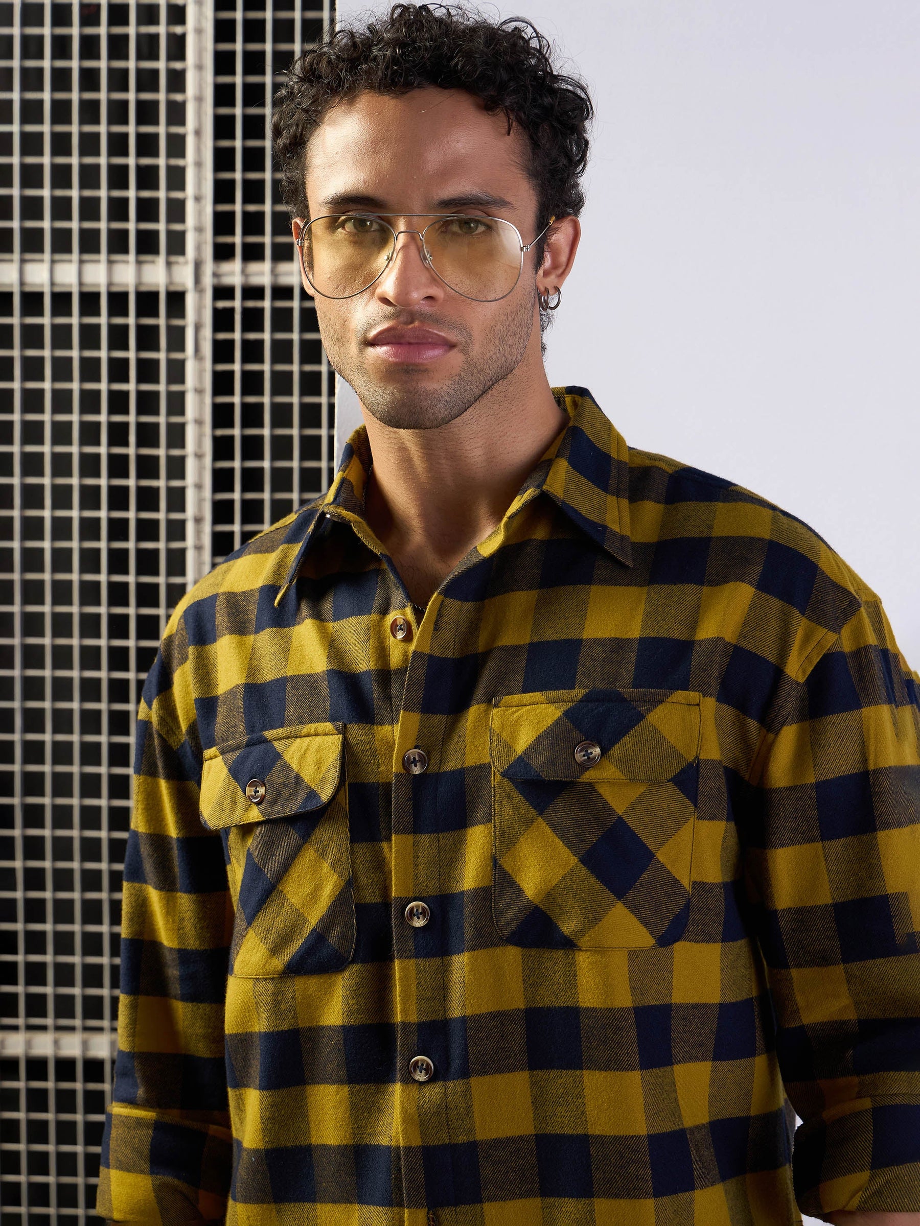 Mustard & Navy Check Flap Pocket Oversize Shirt-MASCLN SASSAFRAS