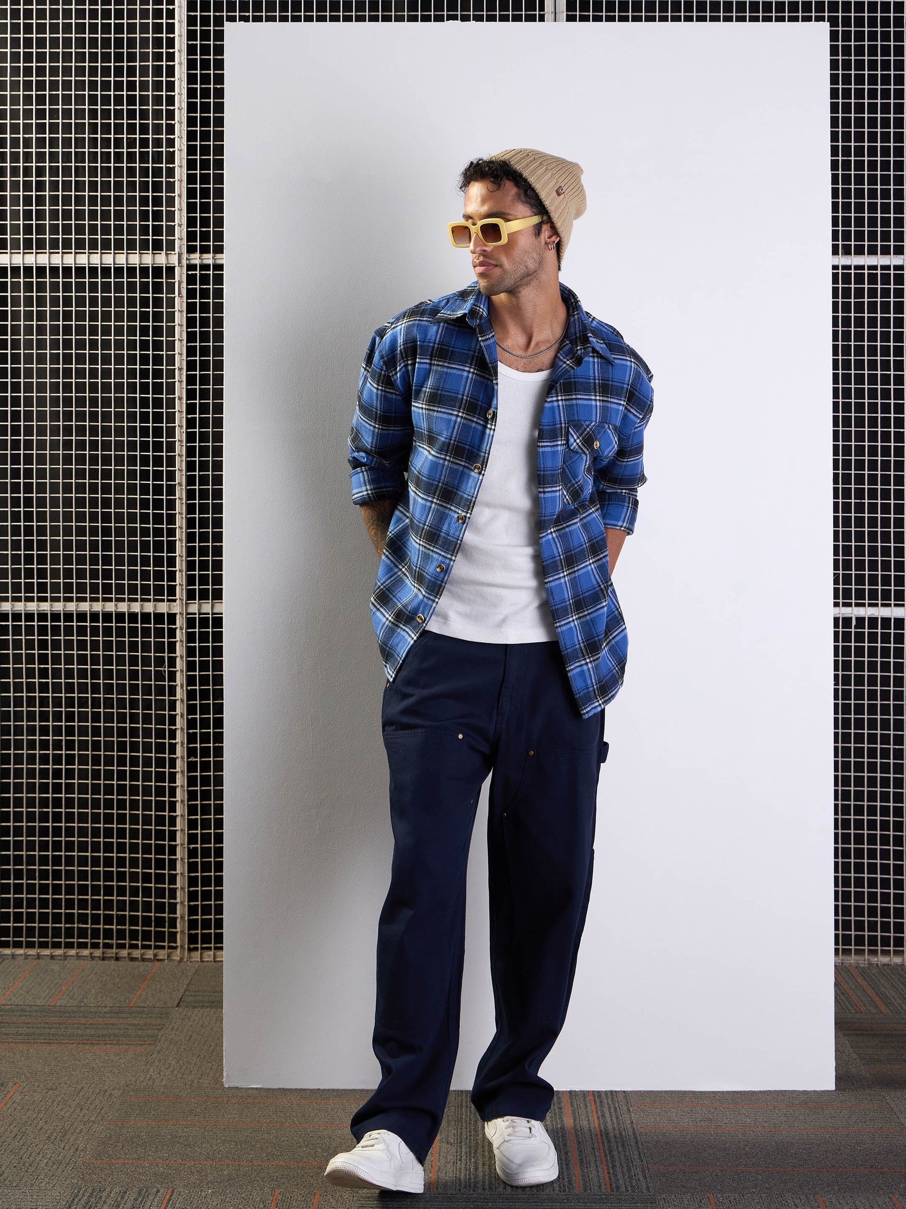 Blue & Black Check Oversize Shirt-MASCLN SASSAFRAS