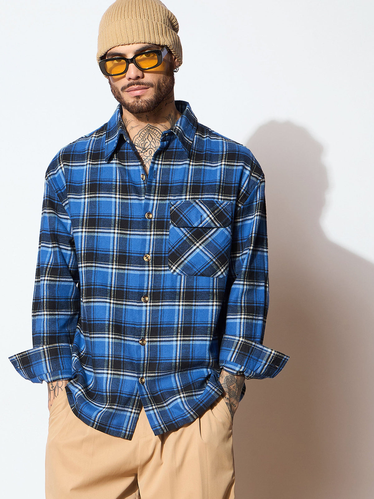 Blue & Black Check Oversize Shirt-MASCLN SASSAFRAS