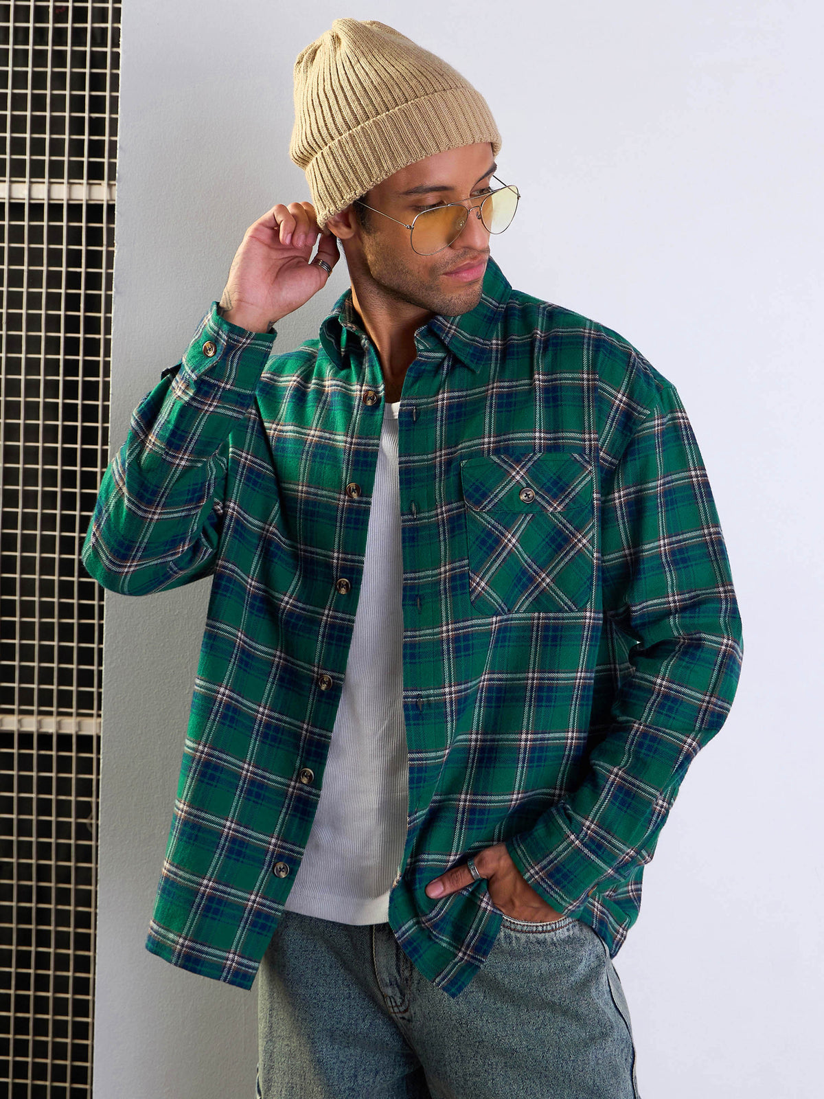 Green & Blue Check Oversize Shirt-MASCLN SASSAFRAS