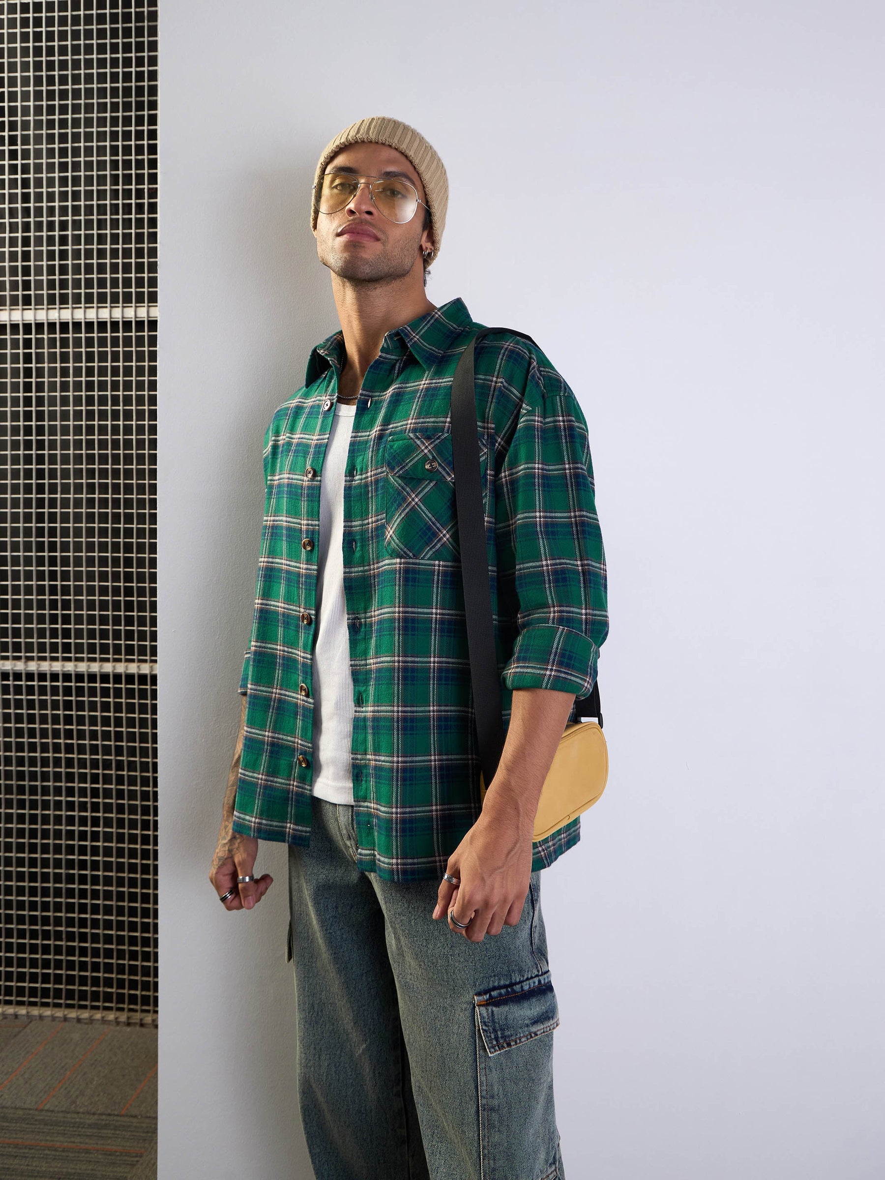 Green & Blue Check Oversize Shirt-MASCLN SASSAFRAS