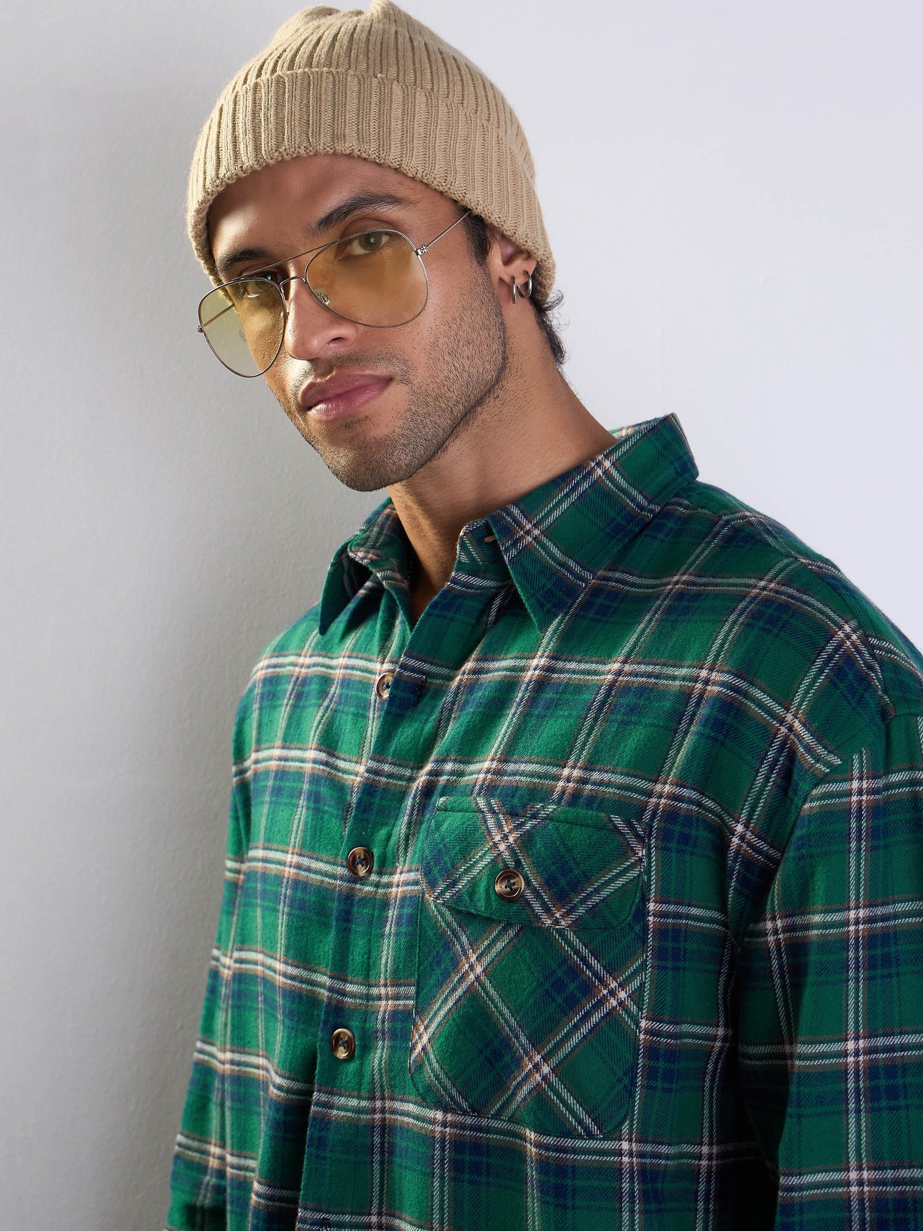 Green & Blue Check Oversize Shirt-MASCLN SASSAFRAS