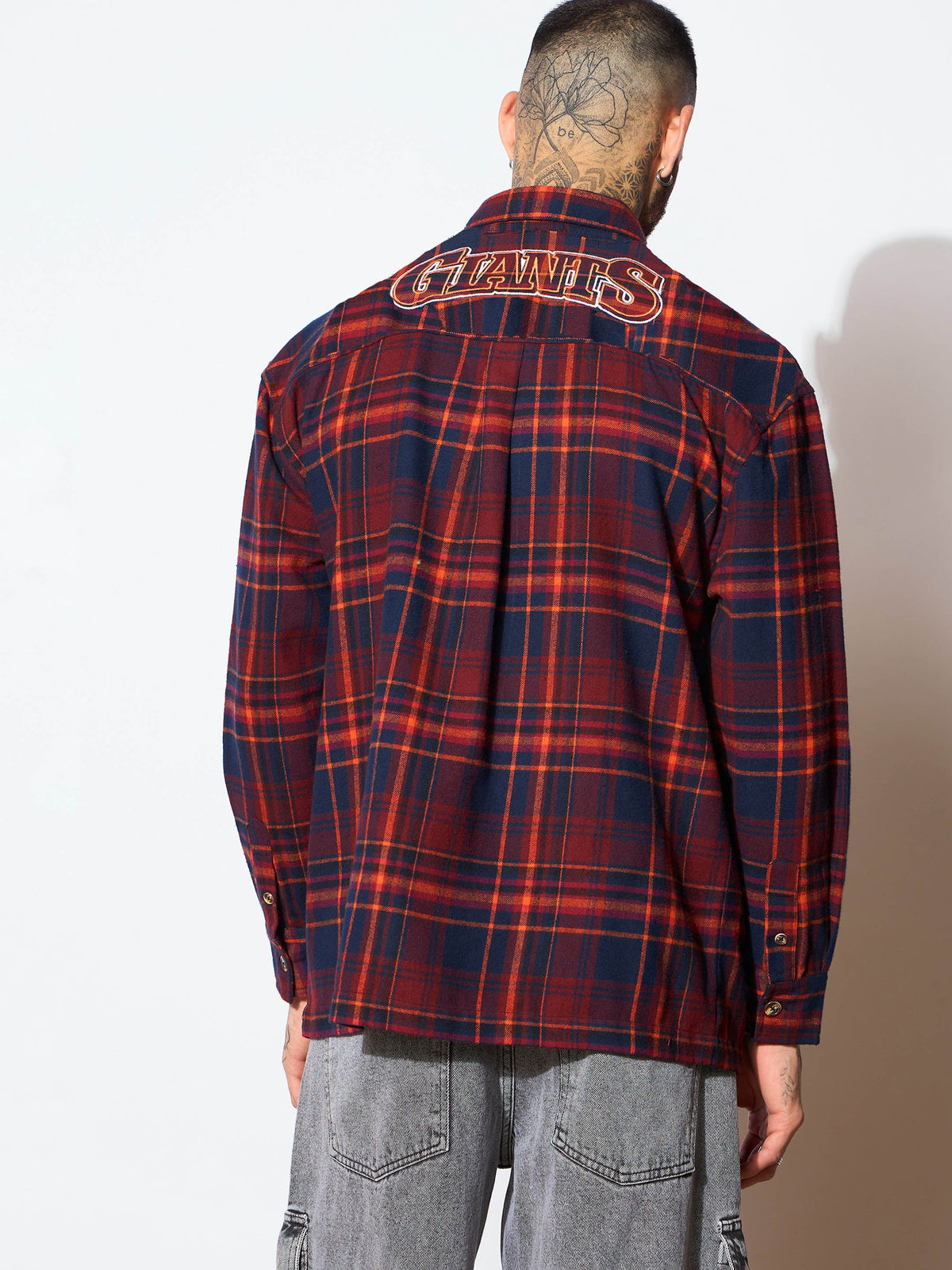 Rust & Blue Check GIANT Embroidery Oversize Shirt-MASCLN SASSAFRAS