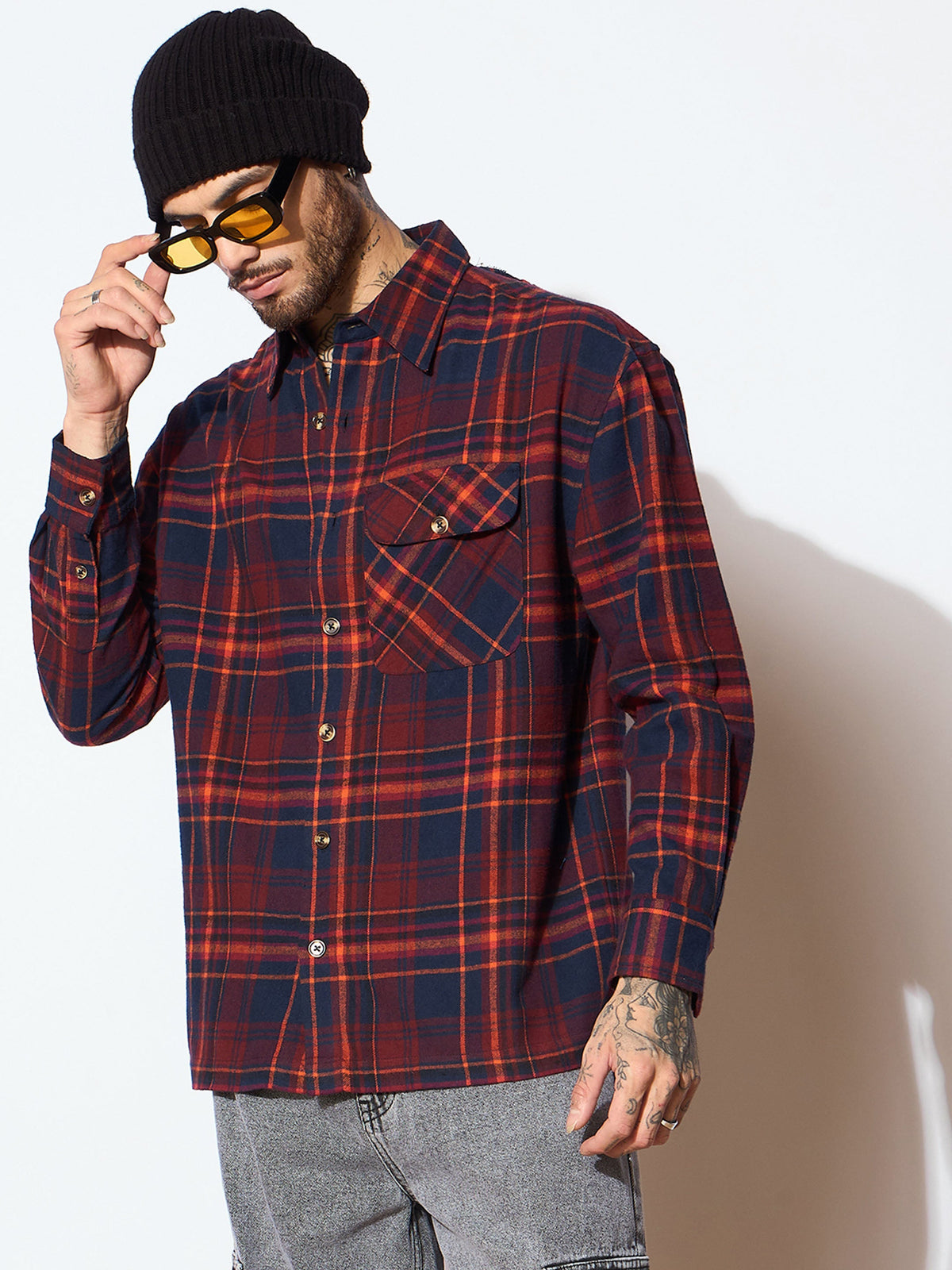 Rust & Blue Check GIANT Embroidery Oversize Shirt-MASCLN SASSAFRAS