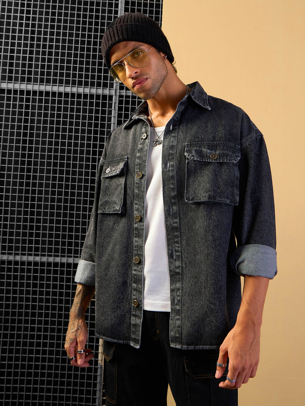 Black Washed Denim Oversize Shacket-MASCLN SASSAFRAS