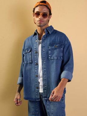 Blue Denim Oversize Shacket-MASCLN SASSAFRAS