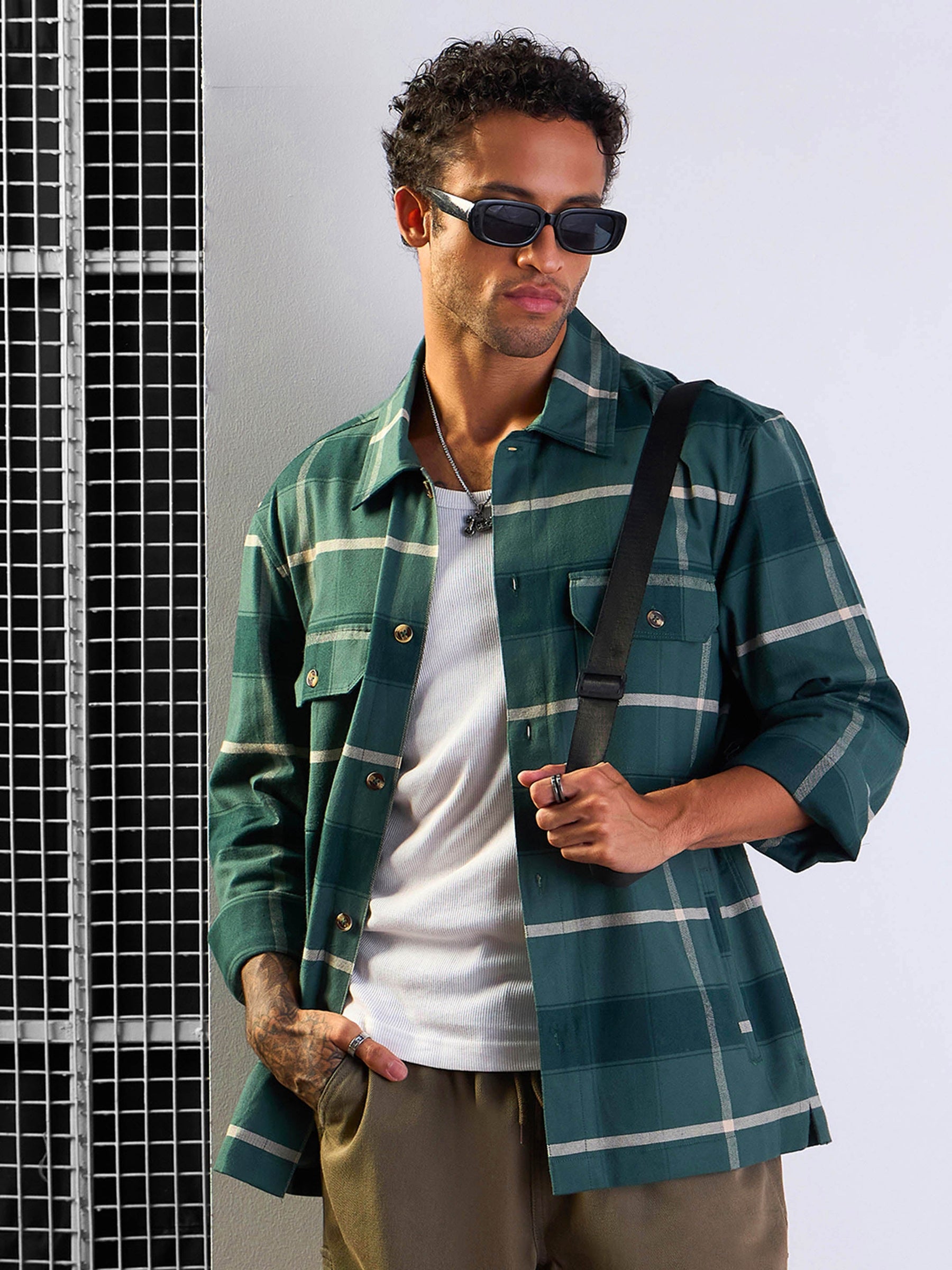 Green Check Side Pocket Shacket-MASCLN SASSAFRAS