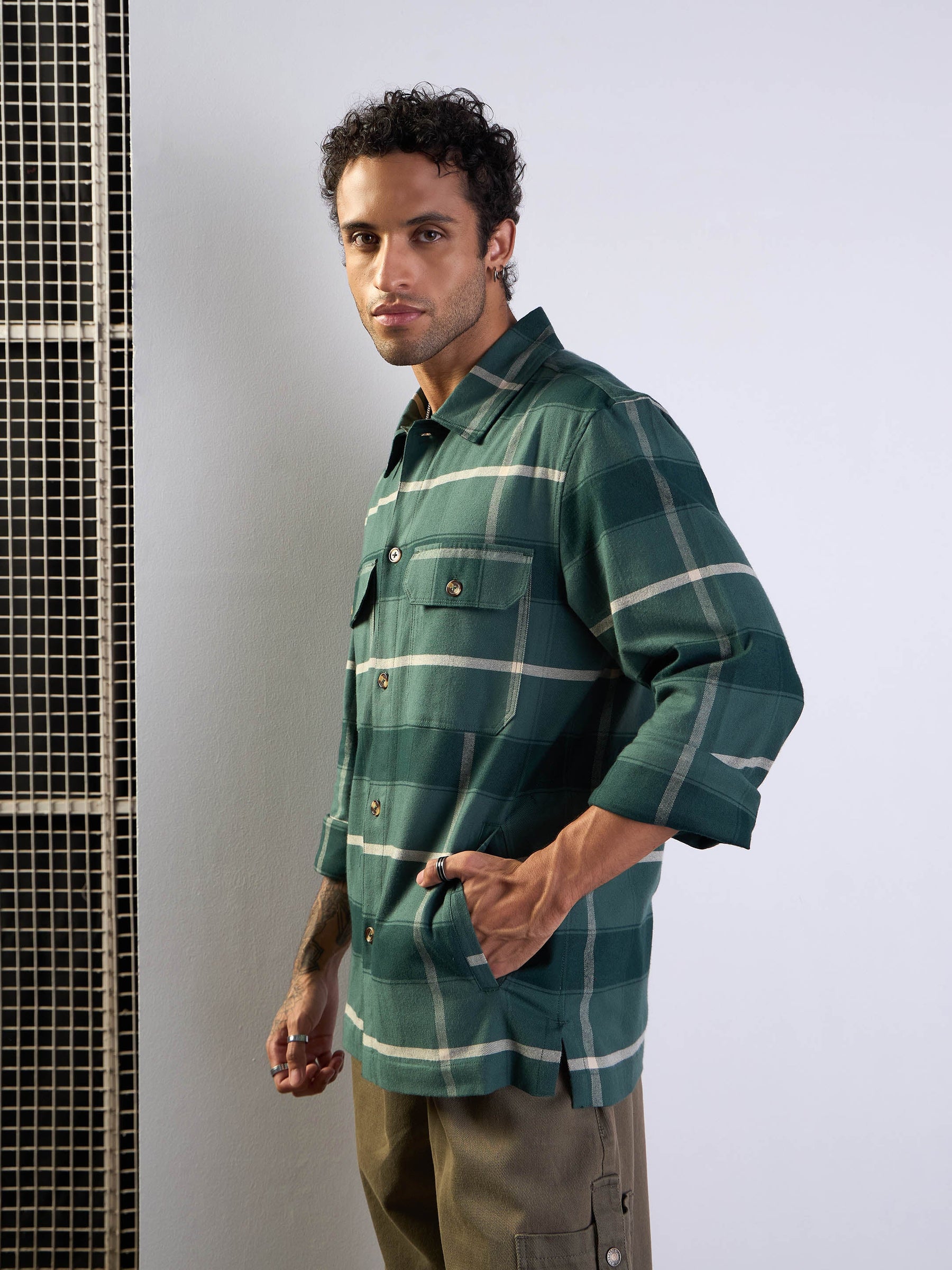 Green Check Side Pocket Shacket-MASCLN SASSAFRAS