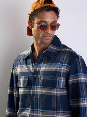 Navy & Grey Check Side Pocket Shacket-MASCLN SASSAFRAS