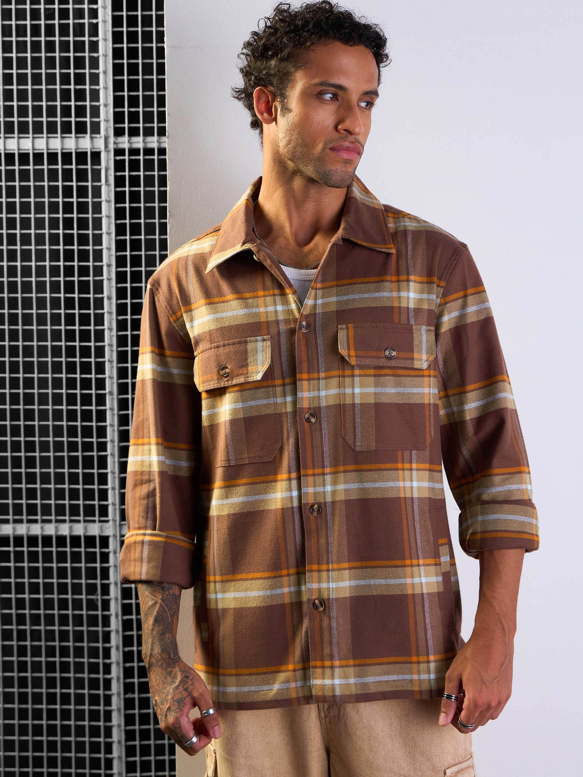 Brown & Khaki check Side Pocket Shacket-MASCLN SASSAFRAS