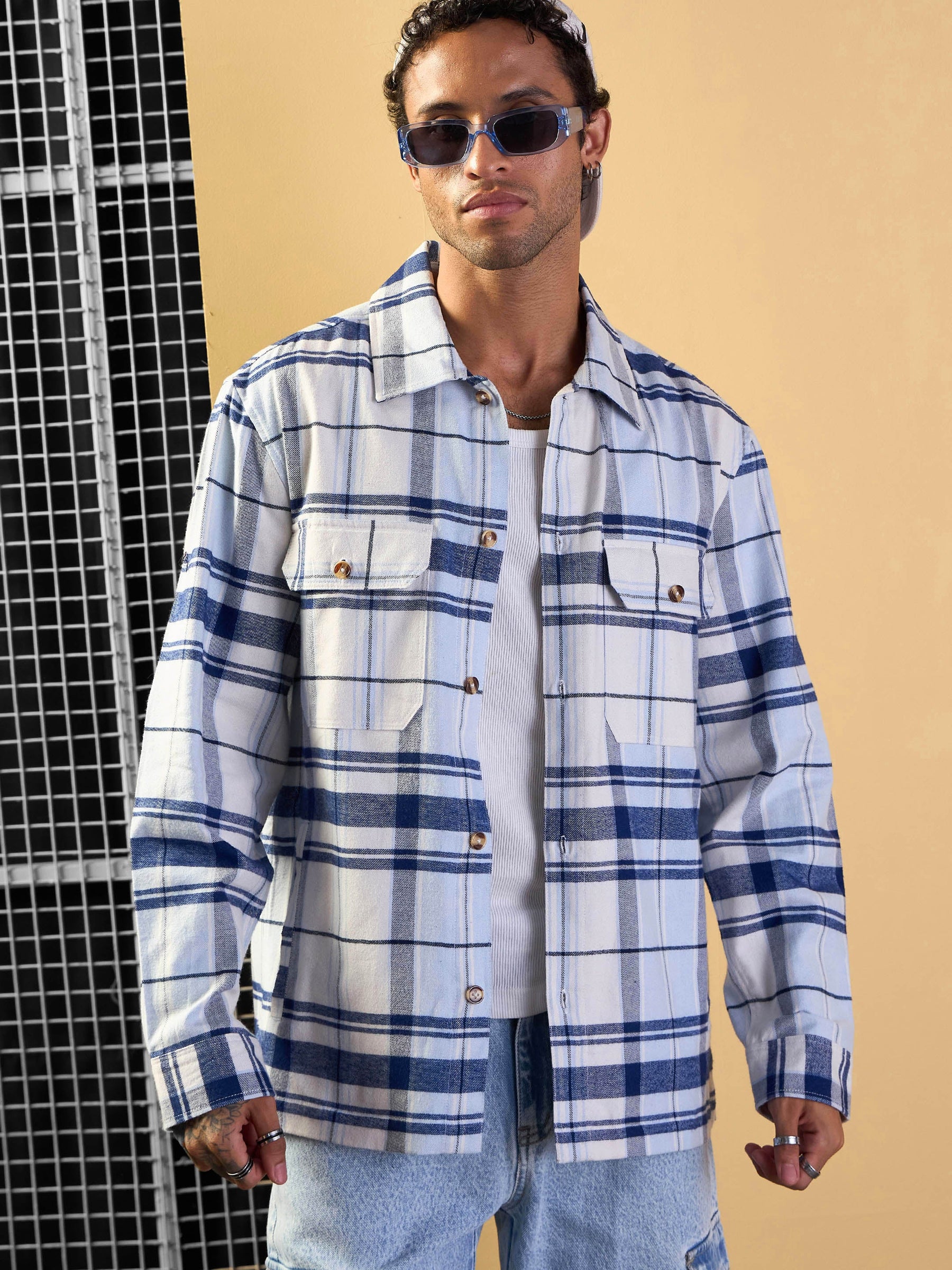 Blue & White Check Side Pocket Shacket-MASCLN SASSAFRAS