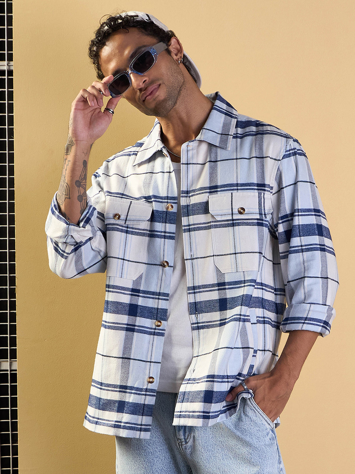 Blue & White Check Side Pocket Shacket-MASCLN SASSAFRAS