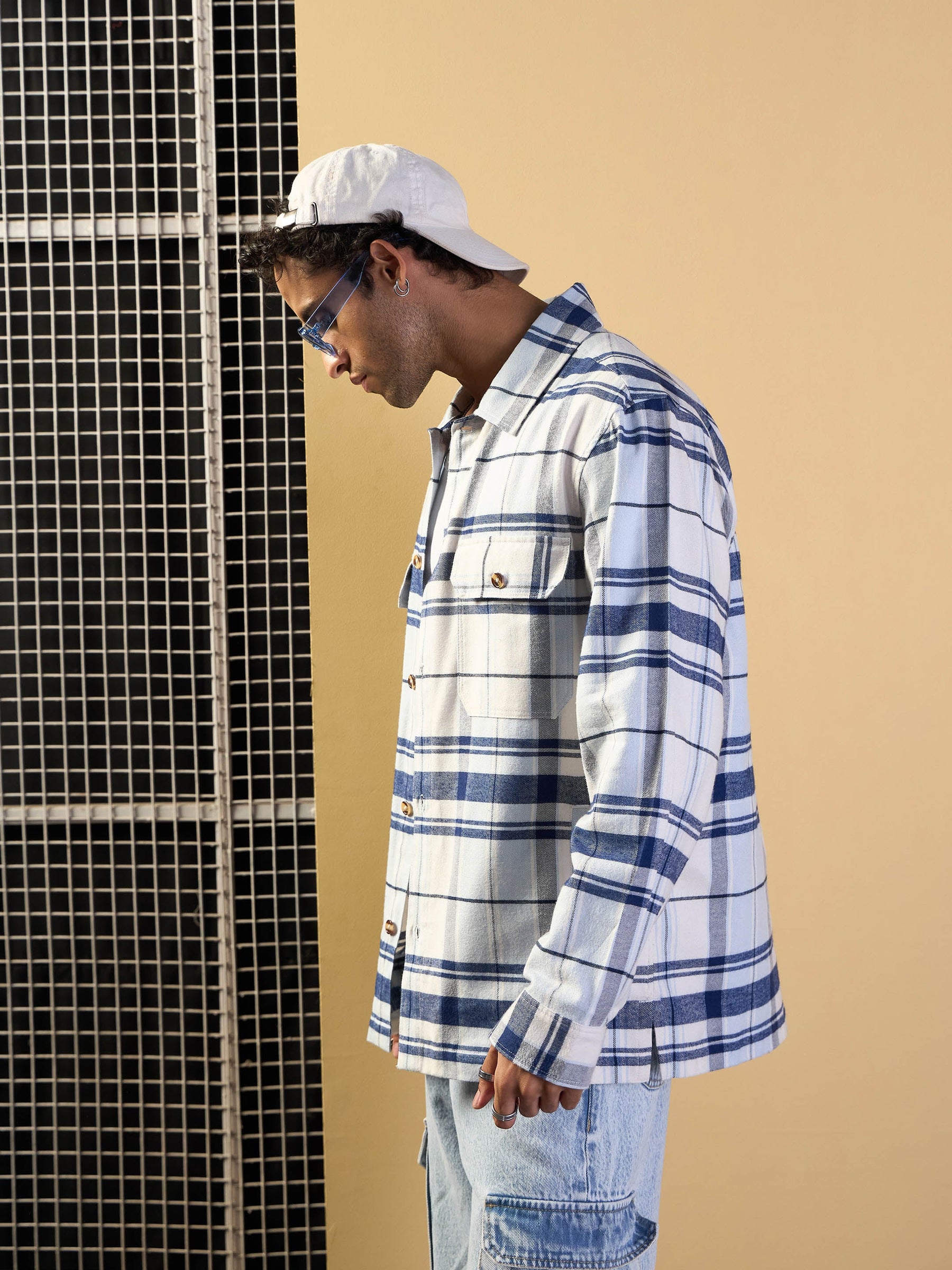 Blue & White Check Side Pocket Shacket-MASCLN SASSAFRAS