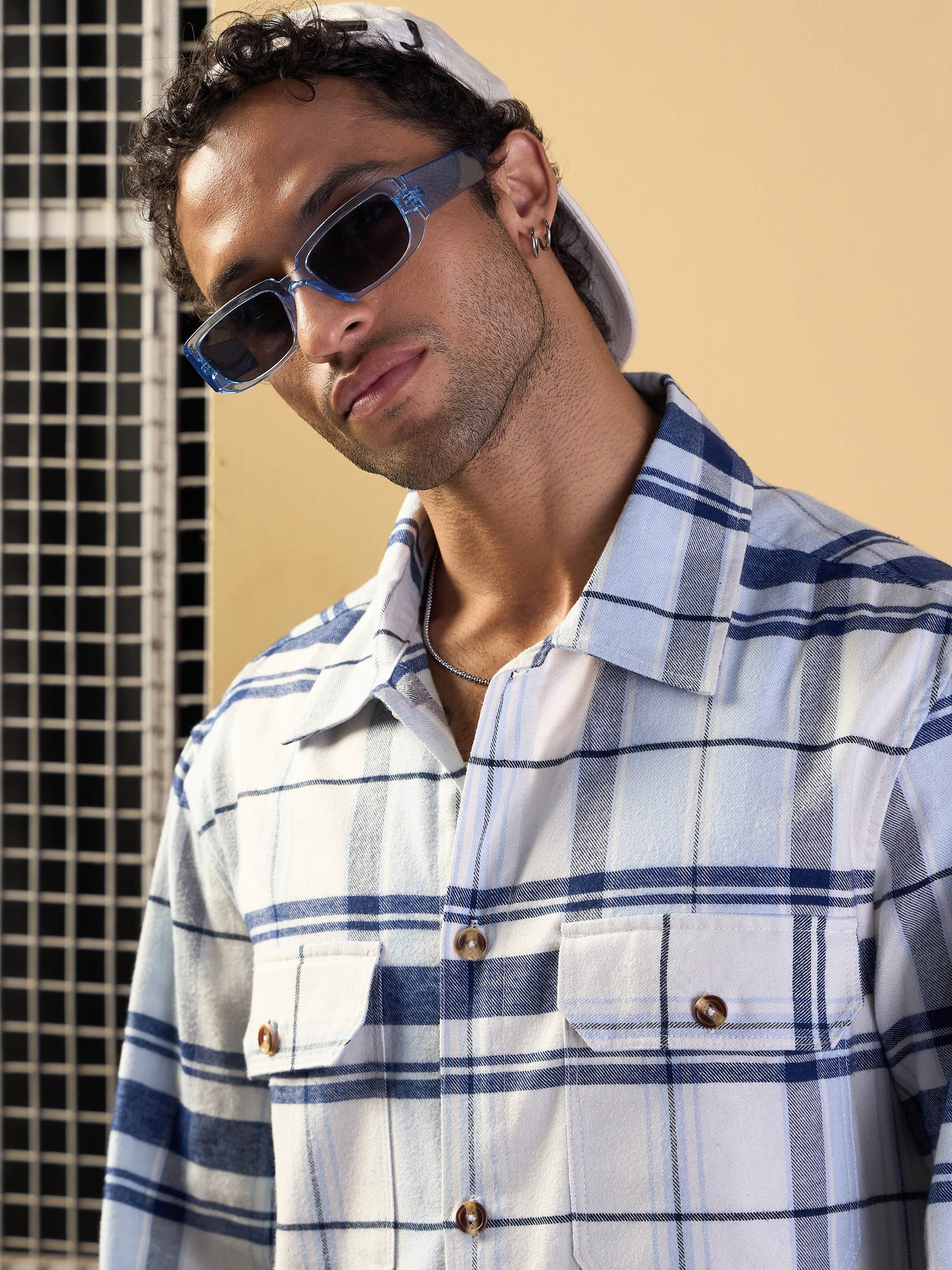 Blue & White Check Side Pocket Shacket-MASCLN SASSAFRAS