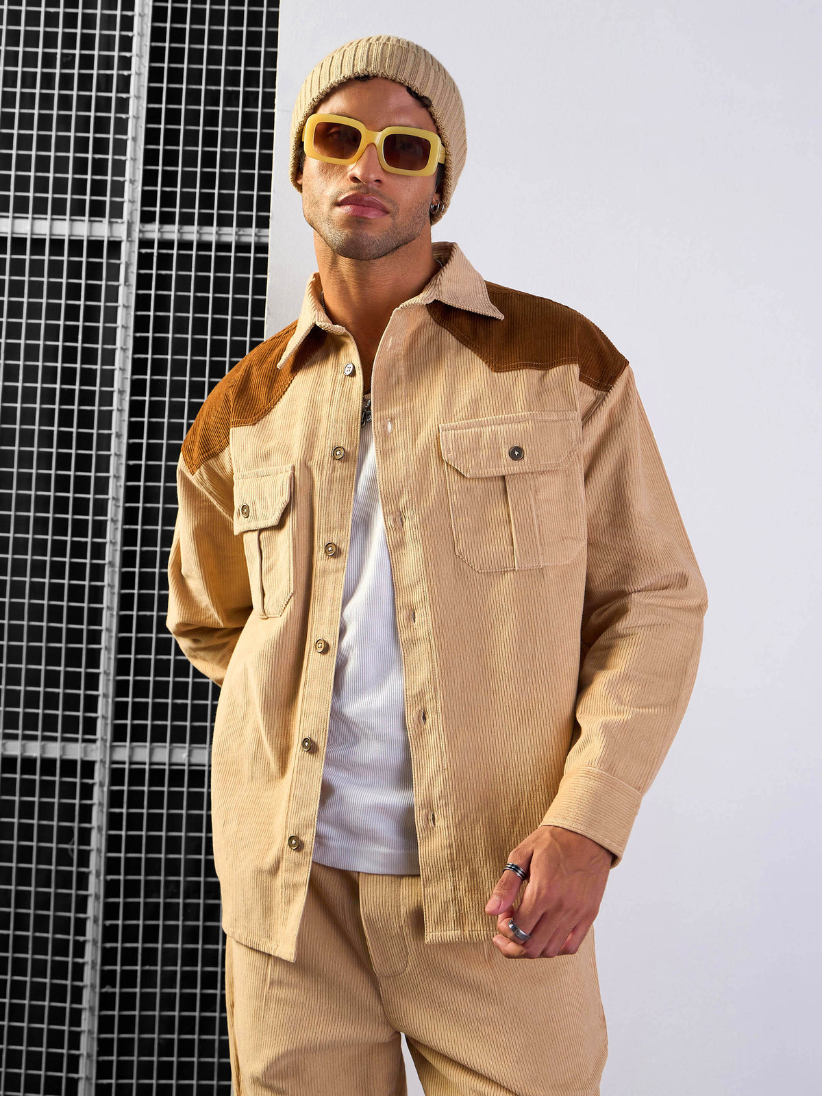 Beige & Brown Corduroy Colorblock Oversize Shirt-MASCLN SASSAFRAS